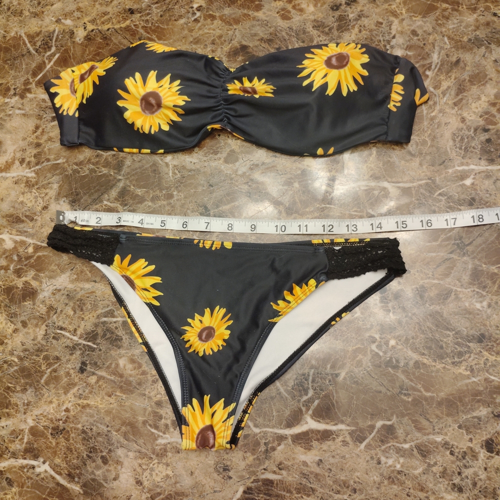 Sunflower Print Black Bikini Set